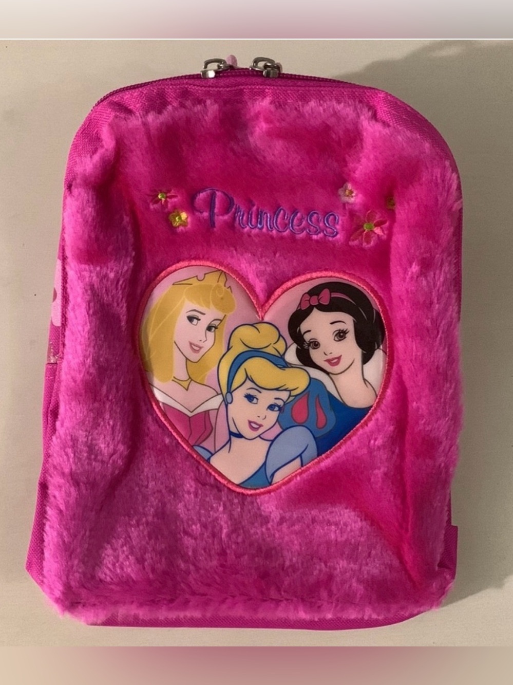 🌸 Pink Plush Princess Backpack with Disney Princesses